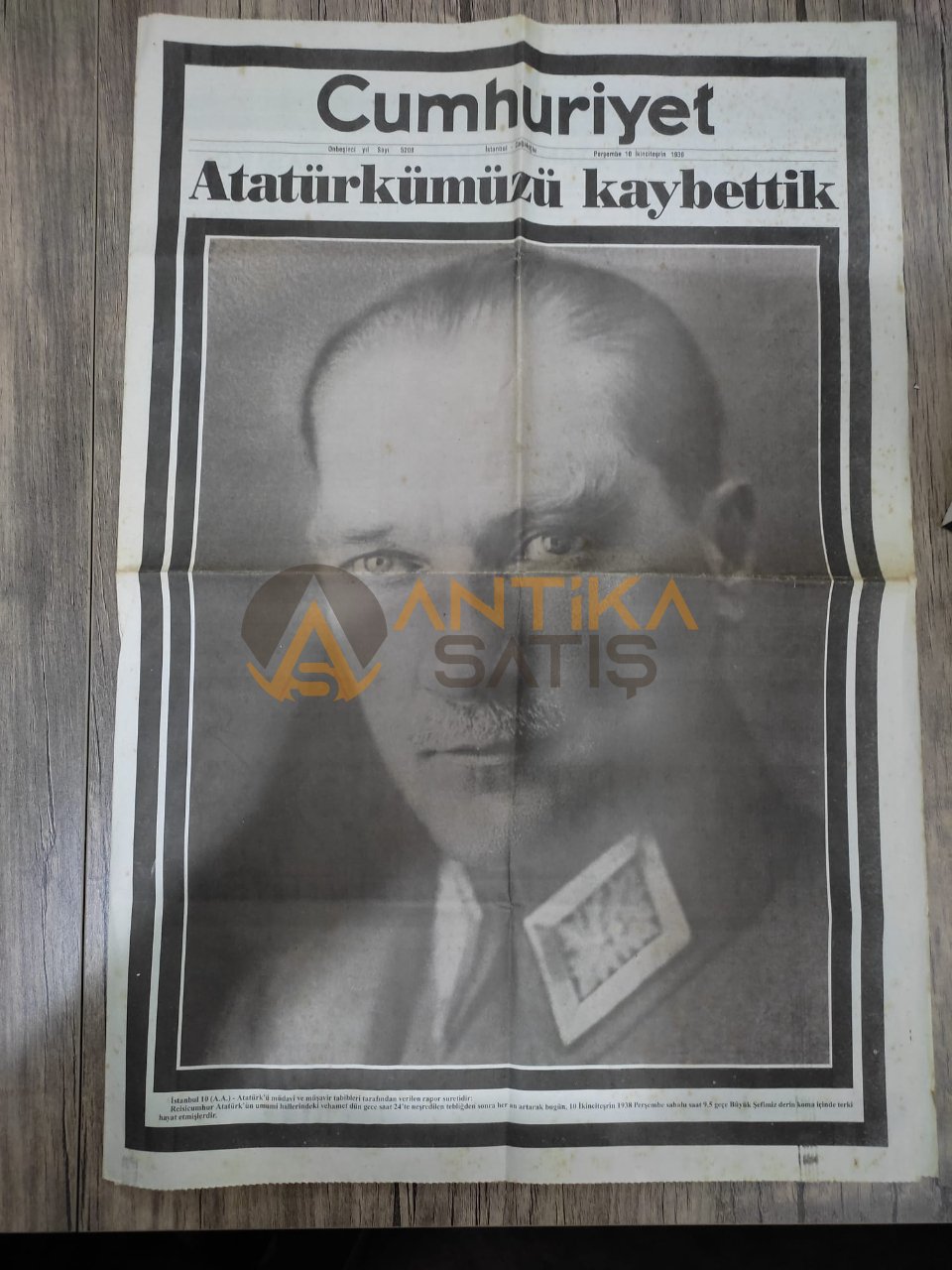 10 kasım 1938 gününe ait orijinal eksiksiz cumhuriyet gazetesi